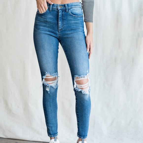 Distressed Knee High Rise Skinny Jeans - Medium Wash - Picture 3 of 5